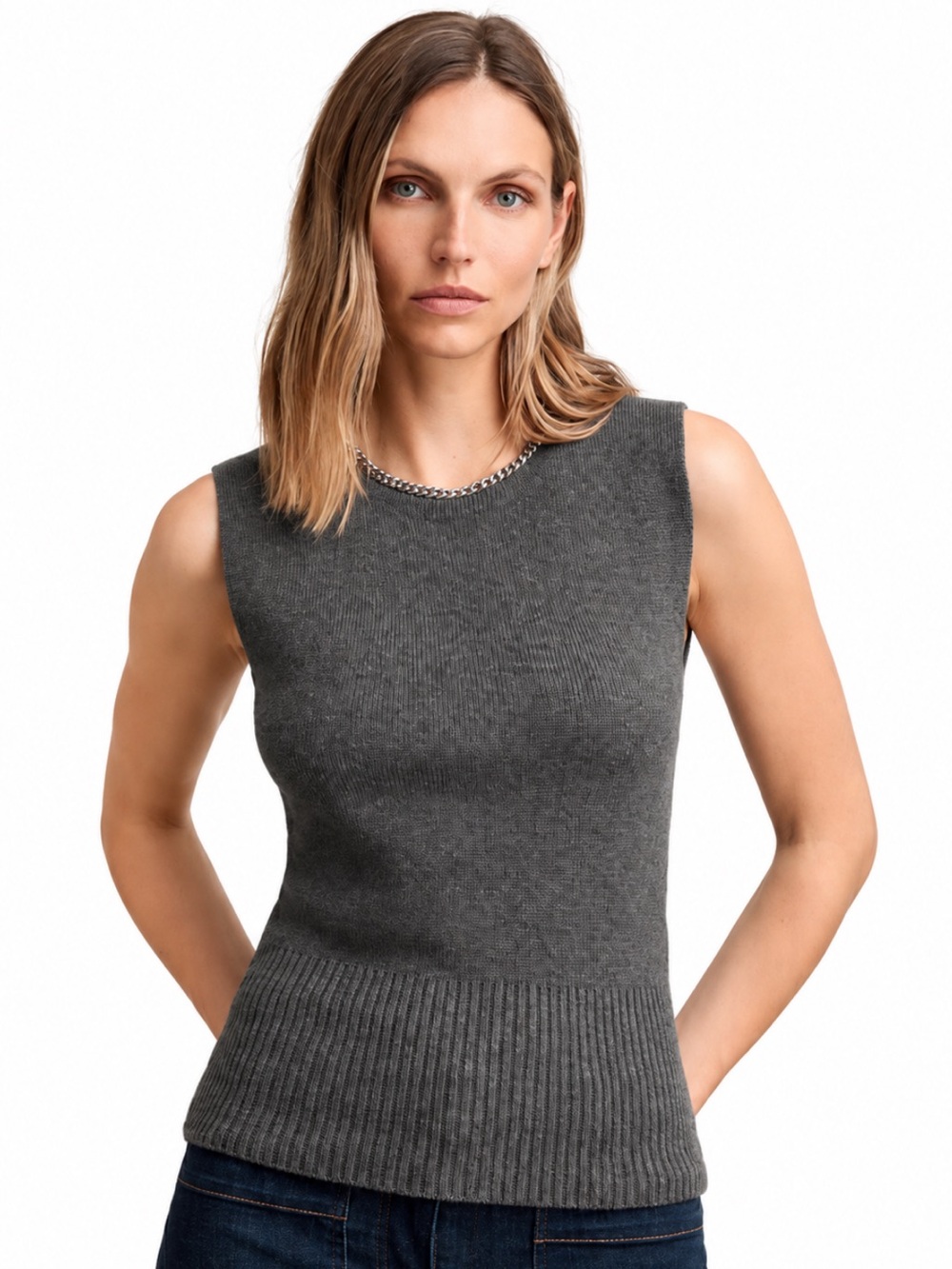 NWOT! Reiss Nina Charcoal Grey Wool Cashmere Chain Trim Knit Vest Size Small